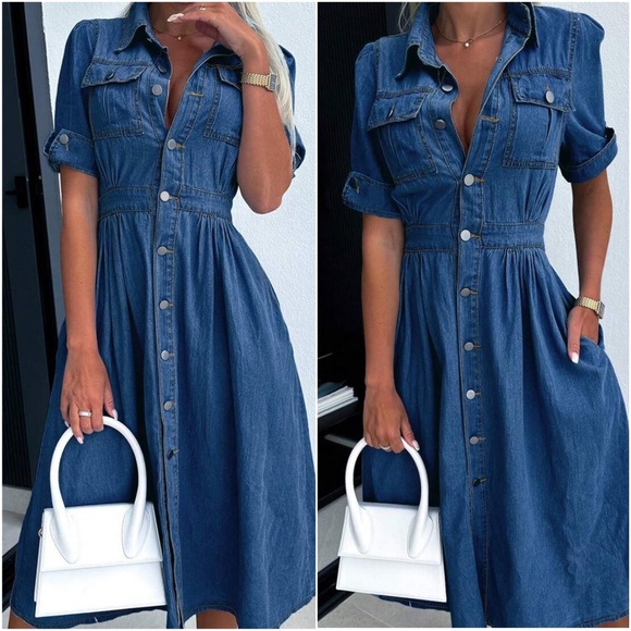 Medium Wash Denim Jean Button Down Midi Dress - Picture 3 of 7